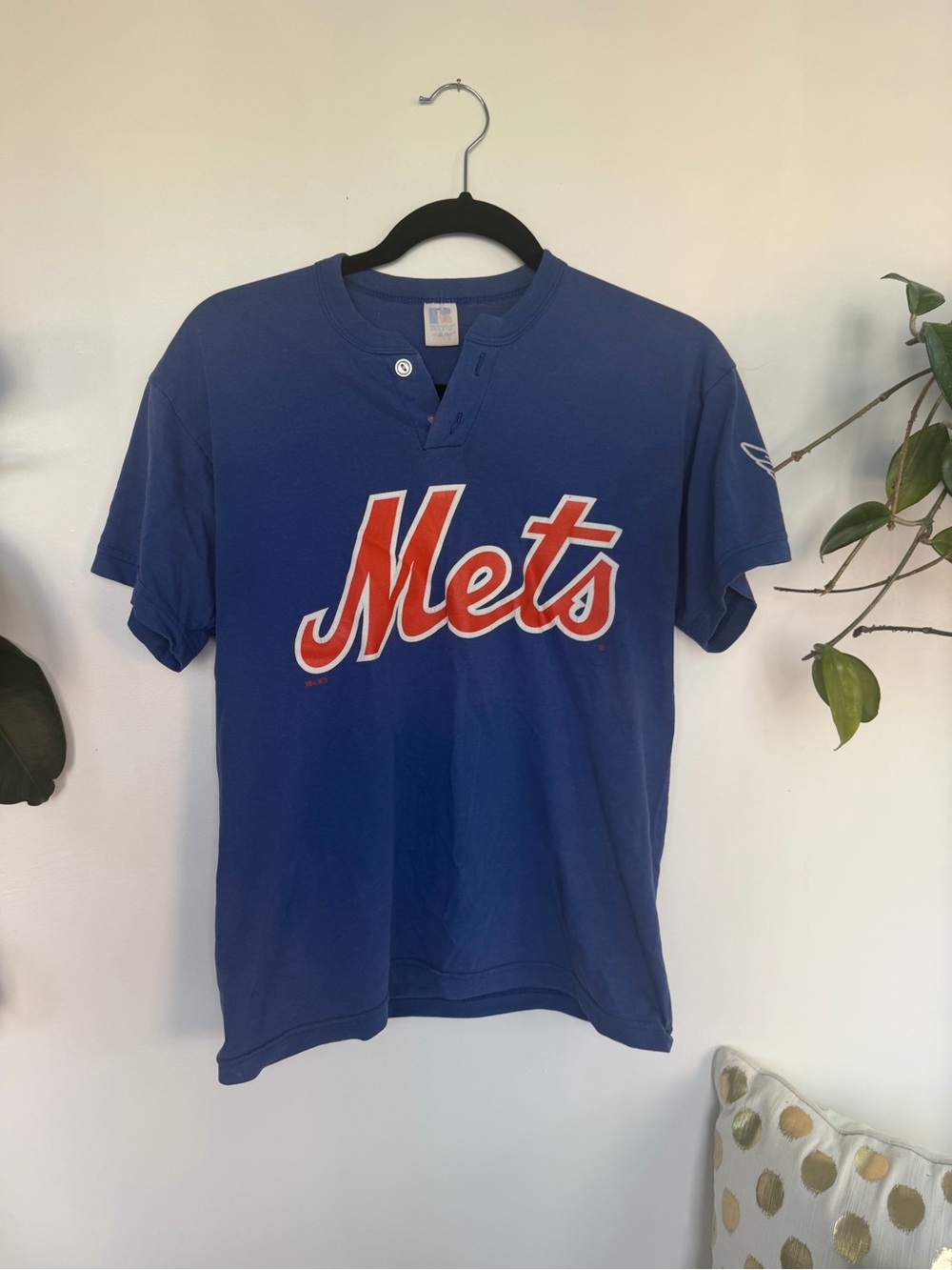 Vintage Mets Blue Short Sleeve Henley Tee with Orange Script